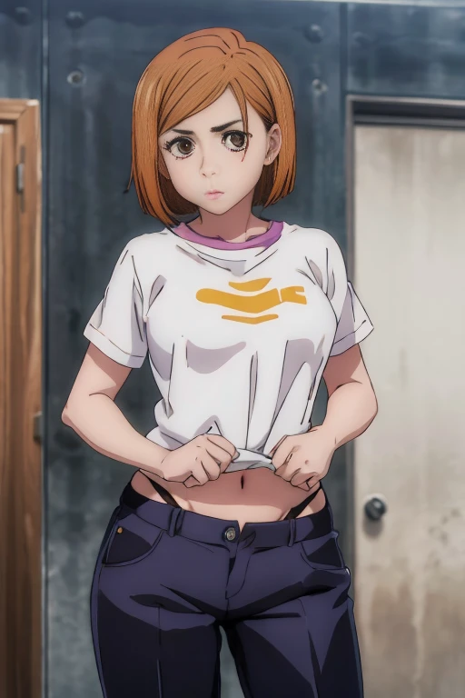 (oBra-prima), (Best quality), (ultra-detailed), (best illustration), (melhor somBra), (absurdres), Nobarakugisakinova, short hair, orange hair, ((brown eyes)), Nobara Kugisaki, (Shirt lifted), 1 , Alone, fringe, looking at the viewer, thighs, Standing, Bra, fitting room, trouser puller, panties, 