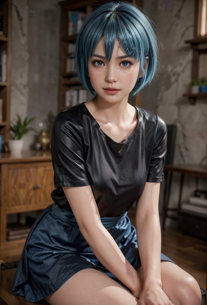 Nico, blue hair, (best quality, ultra-detailed), (realistic:1.37), beautiful and detailed face, ultra-realistic texture, delicate face, delicate body, red lipstick, long-lasting colors. high definition, 8K. expression with a sexy look