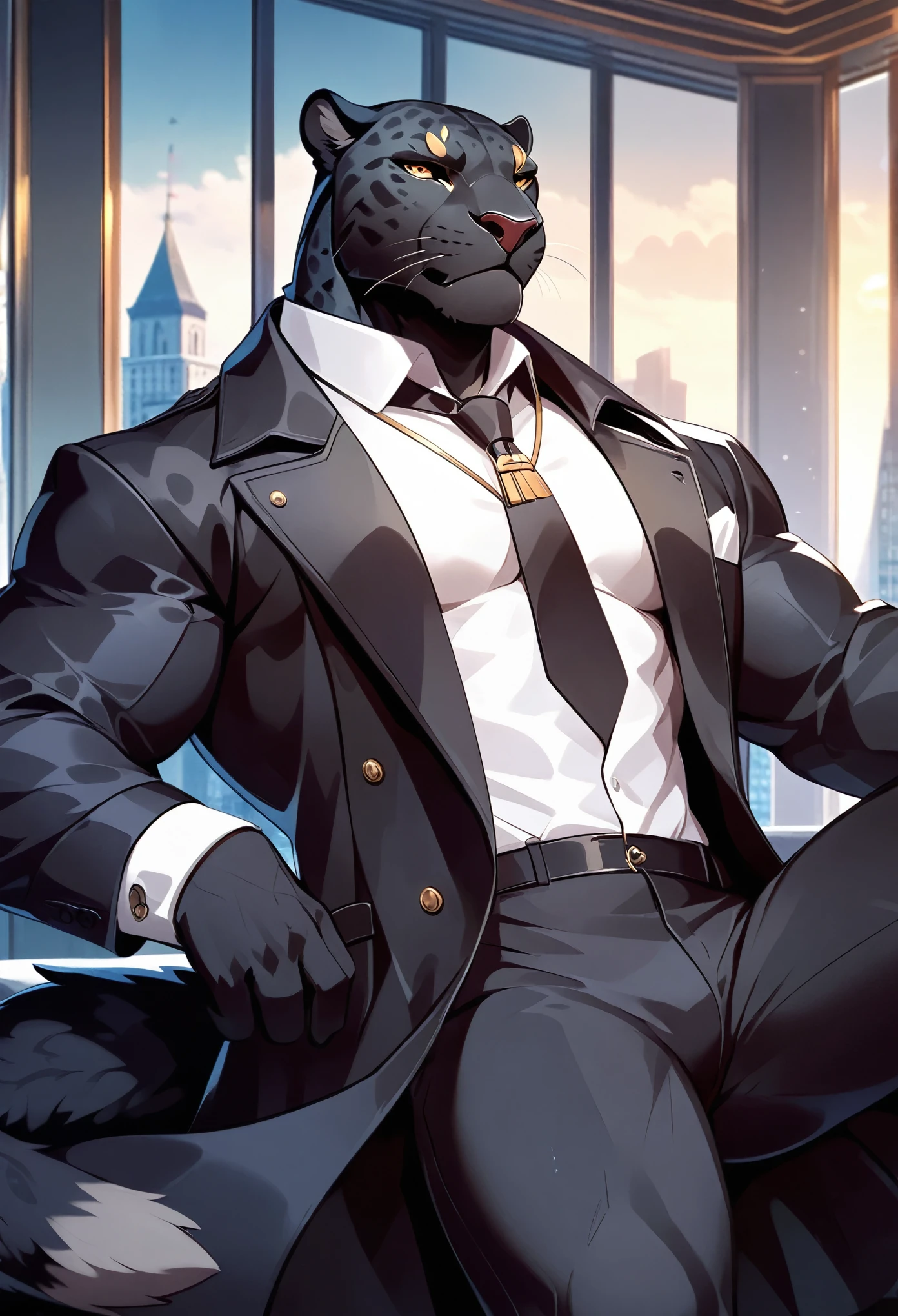 handsome anthropomorphic furry black jaguar with a shiny black pelt wearing a black trench coat, full black suit , lithe muscular body, penthouse background, mafia boss sexy