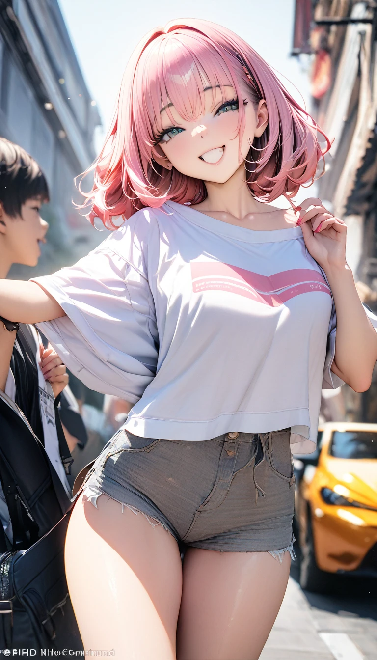 (Best Quality, 4K, 8K, hight resolution, masutepiece:1.2), Pink hair、bobhair、her breasts are beautiful and big。In the middle of a scramble crossing。crowded with passersby。Stand still and pull down pants、Showing sheer panties。shame。twinsies。Shopping while holding hands。Wearing a large white coarse sweater and damaged denim pants。Take off your denim pants down to your thighs。