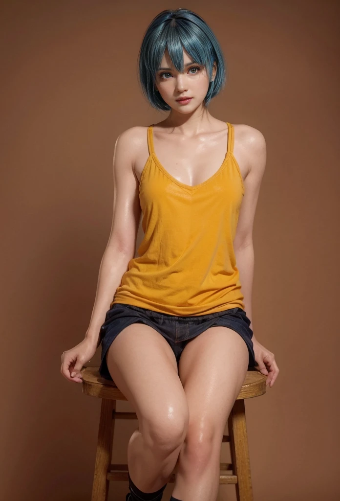 Nico, blue hair, (best quality, ultra-detailed), (realistic:1.37), beautiful and detailed face, ultra-realistic texture, delicate face, delicate body, red lipstick, long-lasting colors. high definition, 8K. expression with a sexy look