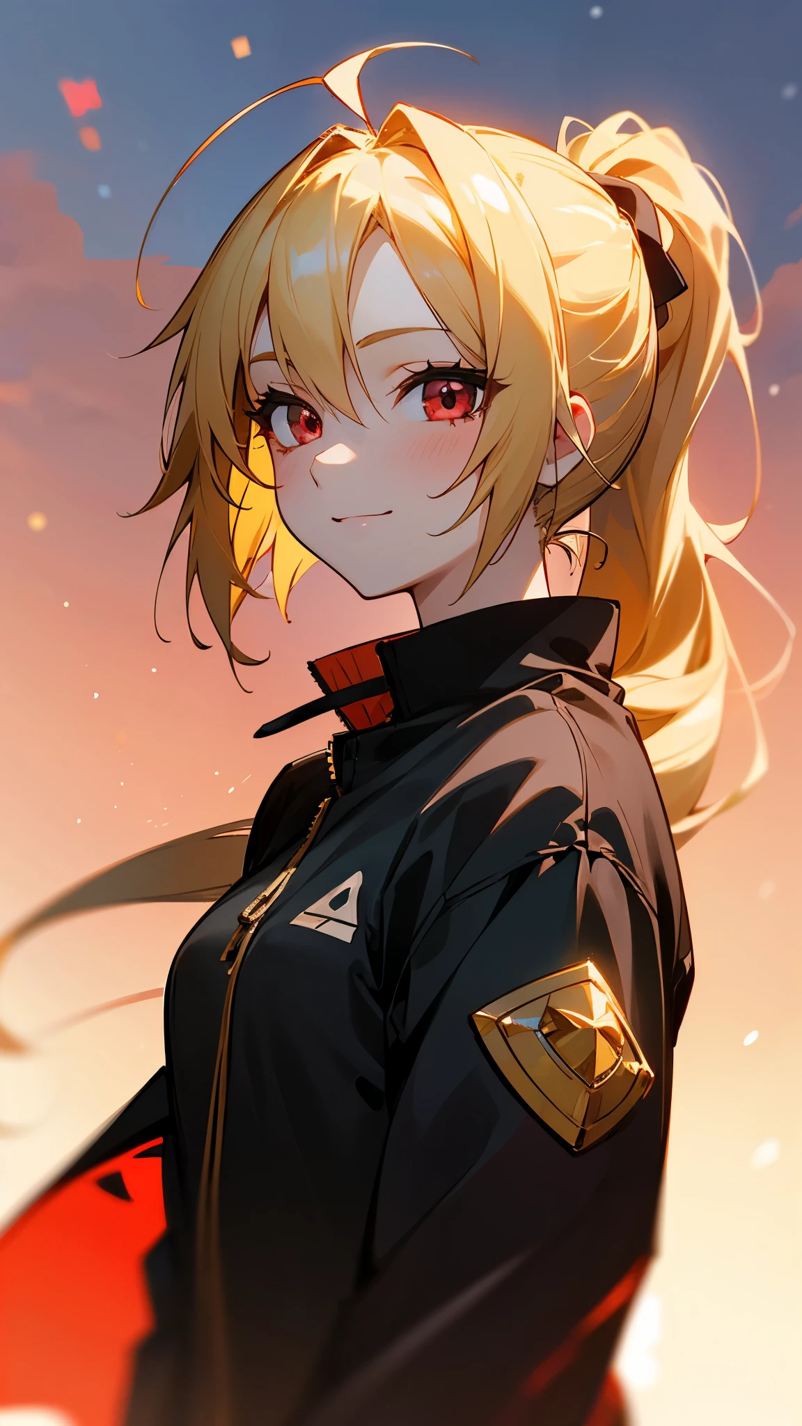 1 Girl、Sharp Focus、(Bokeh) (Best Quality) (Skin definition:1.3) (Fine details) (anime)、 age、Blonde ponytail、Ahoge、Beautiful red eyes、Black rider jacket、smile、shirt、Slender body、From the side、Upper body close-up、Golden Hour Sky