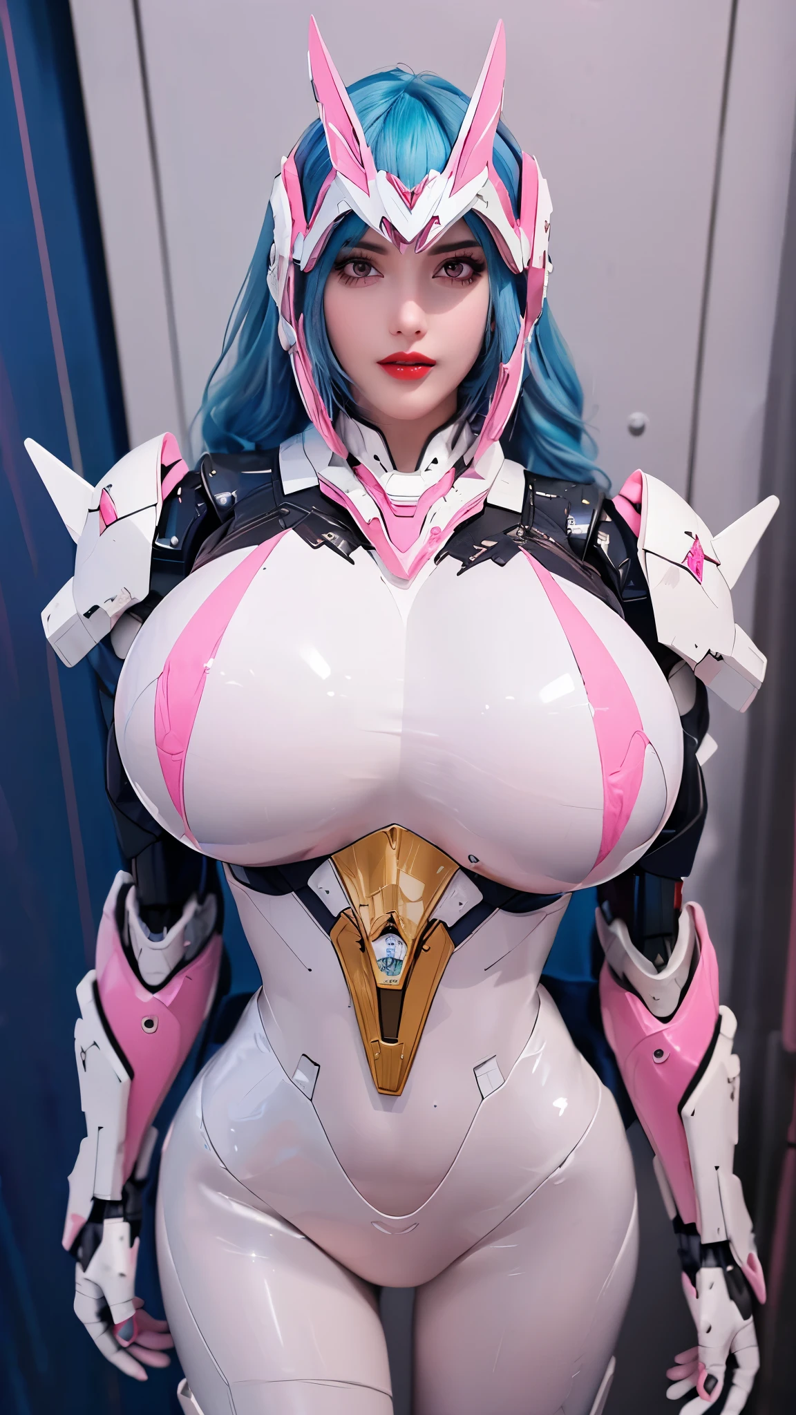 A beauty girl with ( blue pink hair, multiple color long hair:1.7), mecha_musume, 1GIRL, (CLOSE UP UPPER BODY:0.8), (COWBOY SHOT PORTRAIT:1.4), (BAHAMUT HEAD HELM:1.5),((HUGE FAKE BREASTS:1.5)), (11 line ABS:1.3), ((MECHA GUARD ARMS, MECHA GUARD SHOULDER CRYSTAL CORE:1.2)), (SHINY CRYSTAL CORE ON MECHA STARRY SKY MOTIF ARMOR FORM OVERWATCH,WHITE MECHA TIGHT BABES LATEX ARMORED:1.5), (MUSCULAR HOURGLASS BODY, GLOWING BODY PALE SKIN:1.3), (LOOKING AT VIEWER:1.5), (HALLWAY OF FUTURISTIC SPACE STATION:1.3), (BRIGHT LIGHT WHITE_ROOM:1.3), HYPER TEXTURE, UNREAL ENGINE RENDER, PHYSICALLY-BASED RENDERING, ULTRA HIGHT DEFINITION, 16K, DSLR, 1080P.