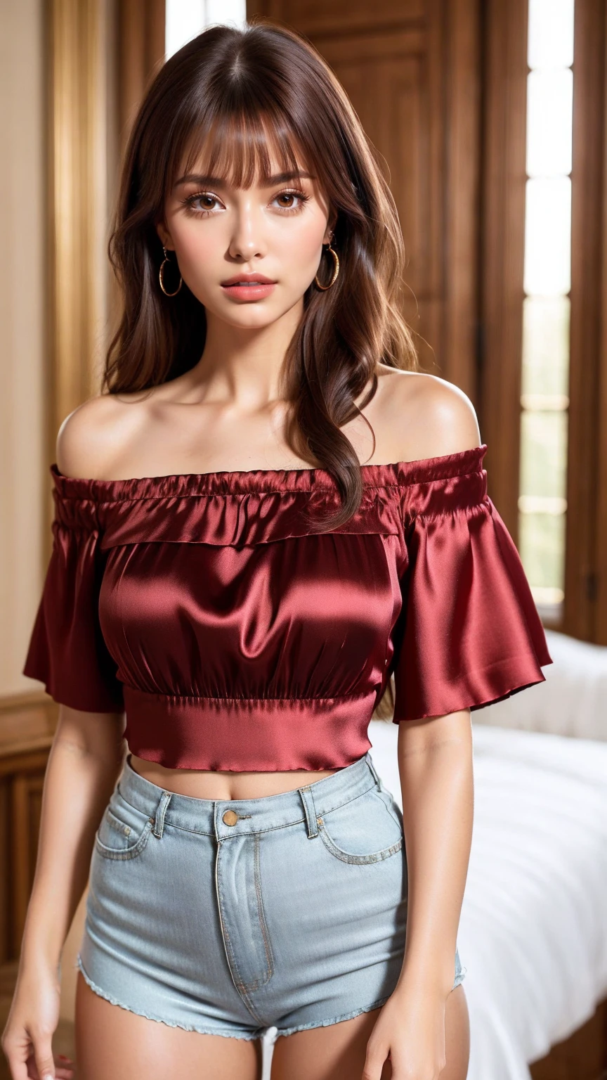 8k, best quality, masterpiece, highly detailed, semi-realistic, a girl, 20 years old, looking at hands, long dark brown hair with bangs, curly hair, detailed eyes, (Off-Shoulder Silk Blouse and High-Waisted Shorts: A delicate off-shoulder silk blouse with a loose fit, paired with sleek, high-waisted shorts that accentuate her figure. The silk fabric glistens, offering a blend of effortless style and allure).., bare shoulders, details, thin figure