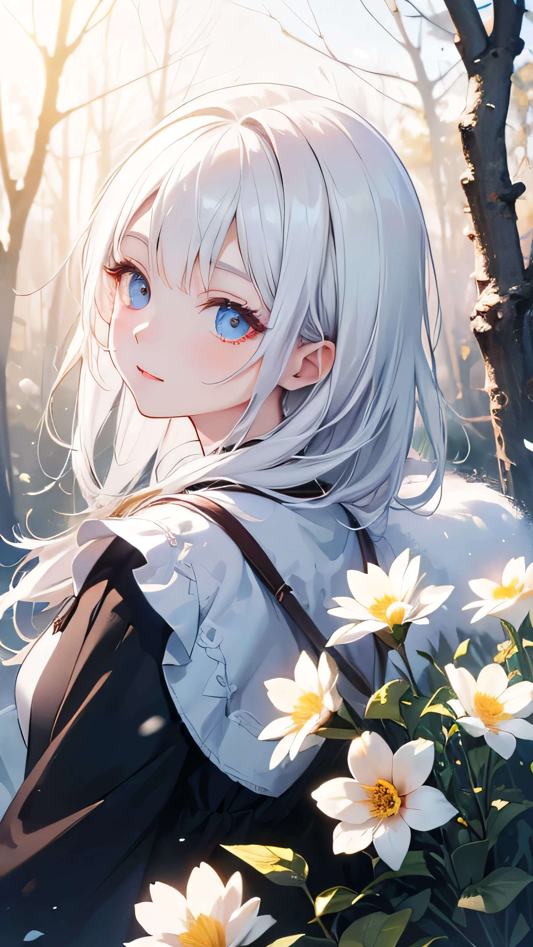 (masterpiece、8k、highest quality)、(Soft Light:1.3), Detailed face, Fine grain, dress, Beautiful digital artwork, landscape, Backlight, Lots of flowers, forest, Sparkling eyes, Winters, warm, warm light, White Hair Girl