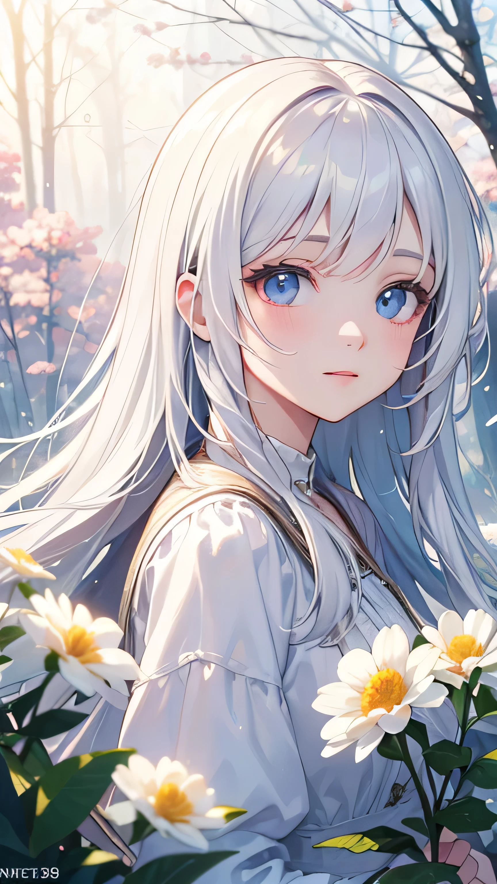 (masterpiece、8k、highest quality)、(Soft Light:1.3), Detailed face, Fine grain, dress, Beautiful digital artwork, landscape, Backlight, Lots of flowers, forest, Sparkling eyes, Winters, warm, warm light, White Hair Girl