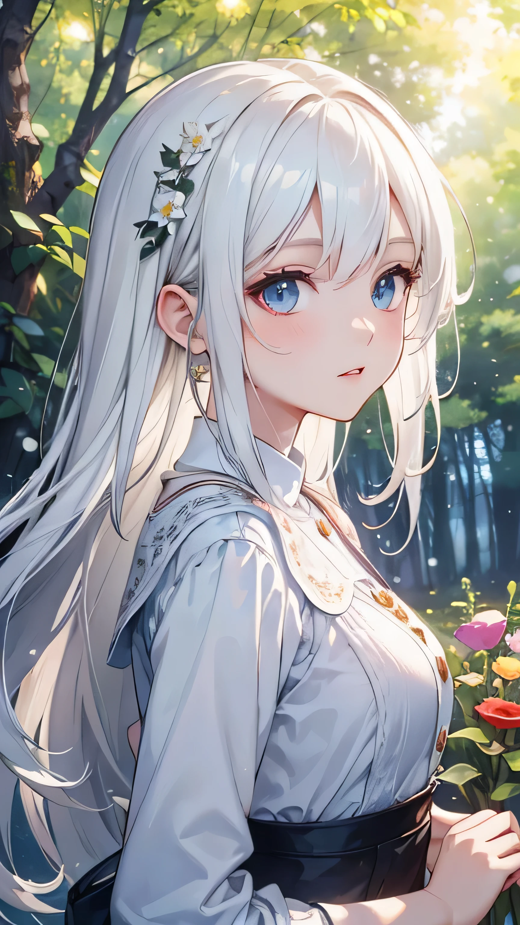 (masterpiece、8k、highest quality)、(Soft Light:1.3), Detailed face, Fine grain, dress, Beautiful digital artwork, landscape, Backlight, Lots of flowers, forest, Sparkling eyes, Winters, warm, warm light, White Hair Girl