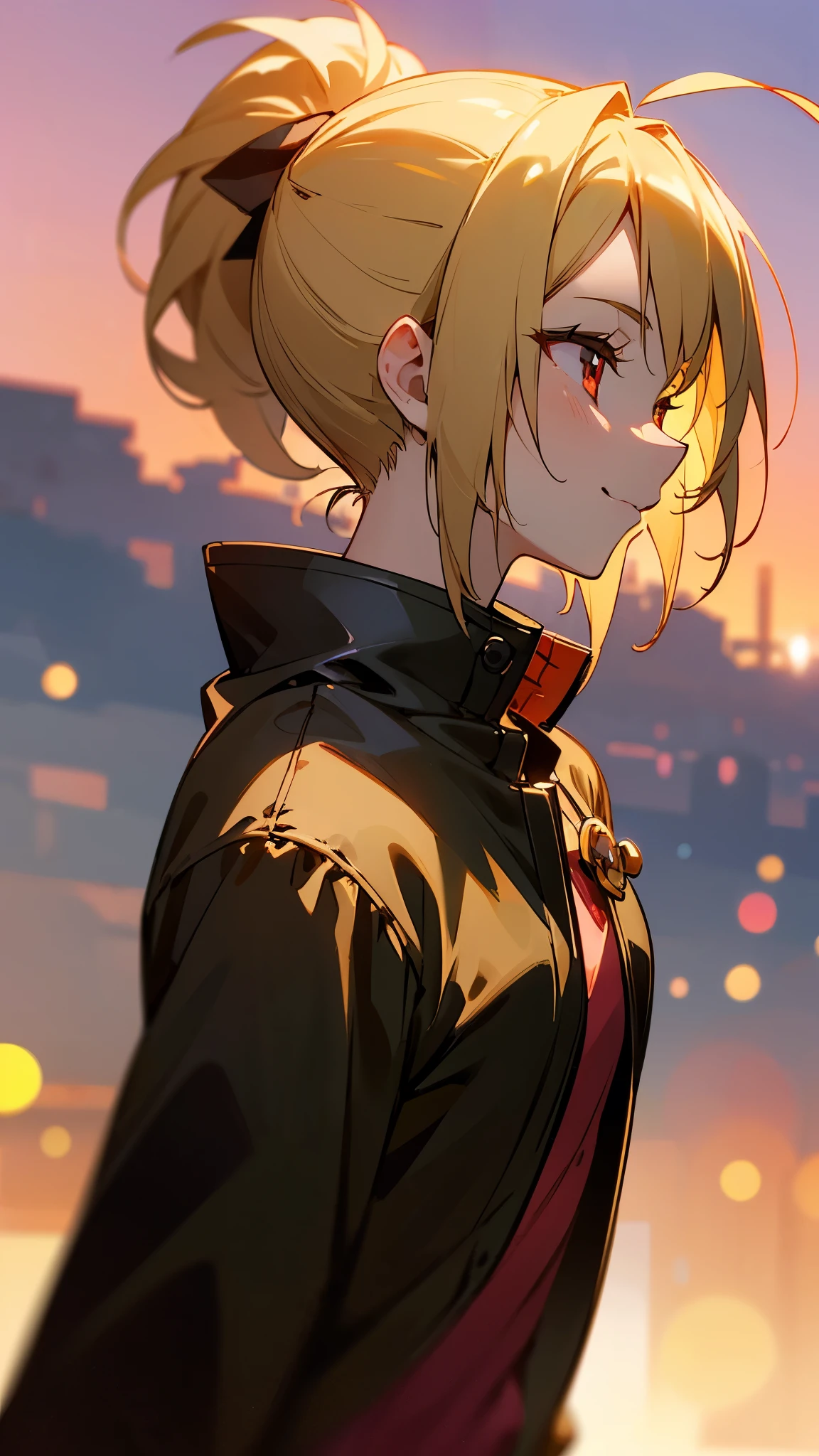 1 Girl、Sharp Focus、(Bokeh) (Best Quality) (Skin definition:1.3) (Fine details) (anime)、 age、Blonde ponytail、Ahoge、Beautiful red eyes、Black rider jacket、smile、profile、shirt、Slender body、From the side、Upper body close-up、Golden Hour Sky