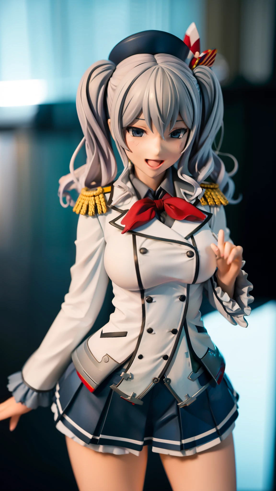 Open mouth, large breasts ,blue eyes,BTPT-FC,wide hips,smile,,wide hips,open mouth,wavy hair,solo,kashima,twintail,
silver hair,tsurime,kantai collection, smile,,wide hips, best quality,white jacket, military jacket, military uniform,gray skirt,pleated skirt,hat,standing,cowboy shot,room,neck ribbon,frilled sleeves