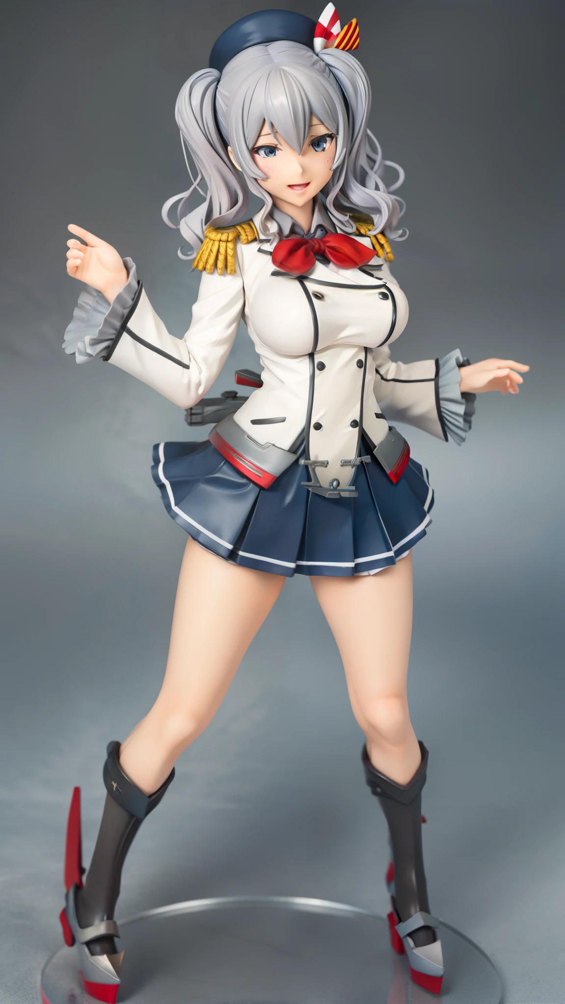 Open mouth, large breasts ,blue eyes,BTPT-FC,wide hips,smile,,wide hips,open mouth,wavy hair,solo,kashima,twintail,
silver hair,tsurime,kantai collection, smile,,wide hips, best quality,white jacket, military jacket, military uniform,gray skirt,pleated skirt,hat,standing,cowboy shot,room,neck ribbon,frilled sleeves