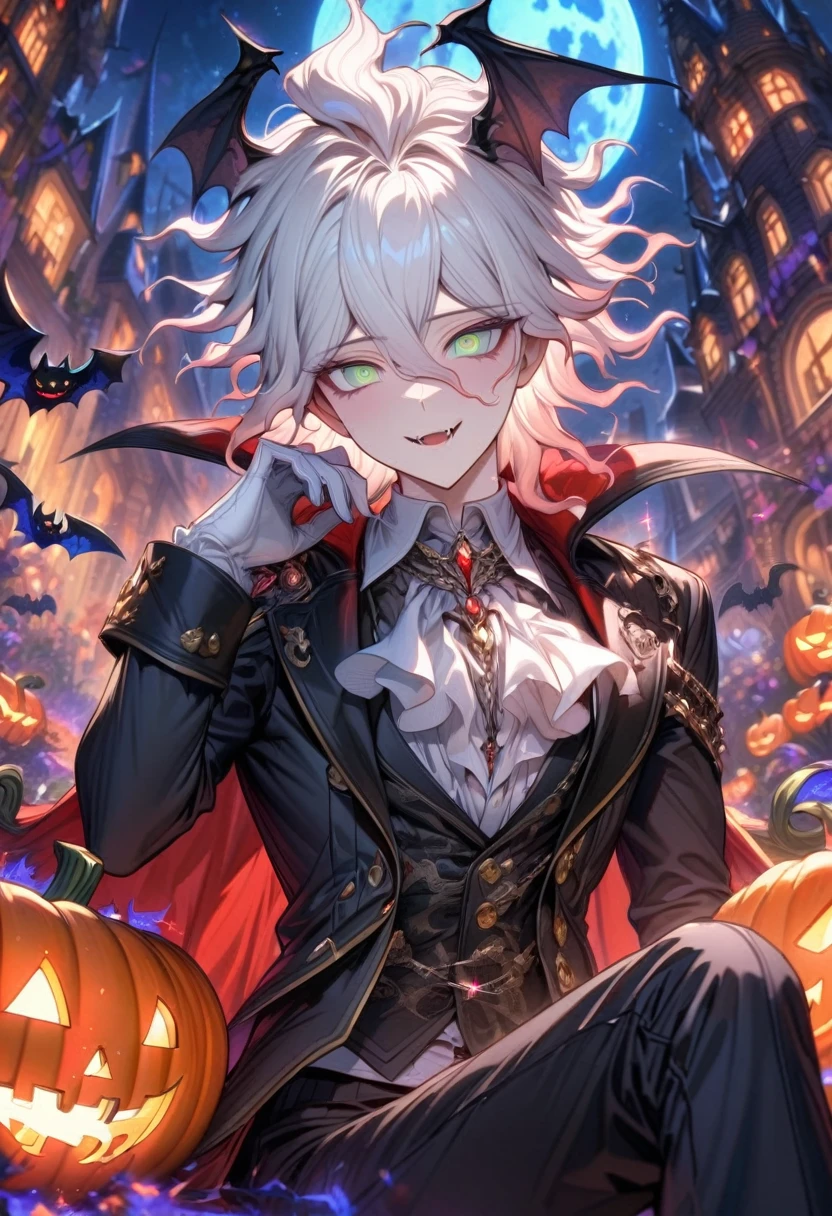 (opulent, A high resolution, super-fine), (Vampires), dracula,pan(((Red glowing eyes)))looks into camera, evil look, Clear facial features, (Long-brimmed top hat), Pull down the brim with one hand, to grin, Showing vampire fangs, Wear a gorgeous black aristocratic tunic, Silvery hair, rosette, Skull decoration, the bats, The body is surrounded by red mist, Red moonshine, Kingly temperament, Close-up Shot Shot, cinematic rim light, The light is delicate, tmasterpiece, ultra - detailed, Epic composition, Super HD, high qulity, HighestQuali, 32K, grin, poison fangs