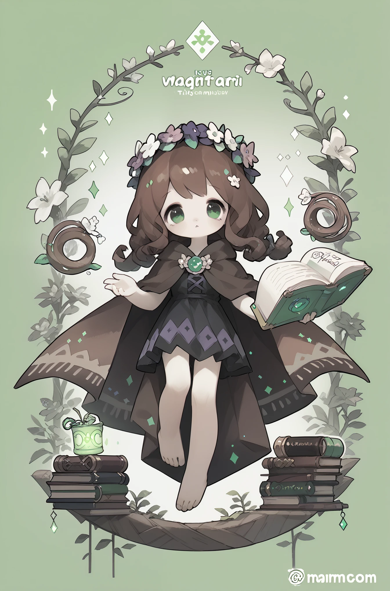1 Wizard Girl,whole body,Brown shawl hair,Green eyes,Black wizard long cloak,Book in hand, The magic array under your feet,Float up,Plant Magic,wreath,dynamic,Monochrome background,Drawing style,(Brown hair