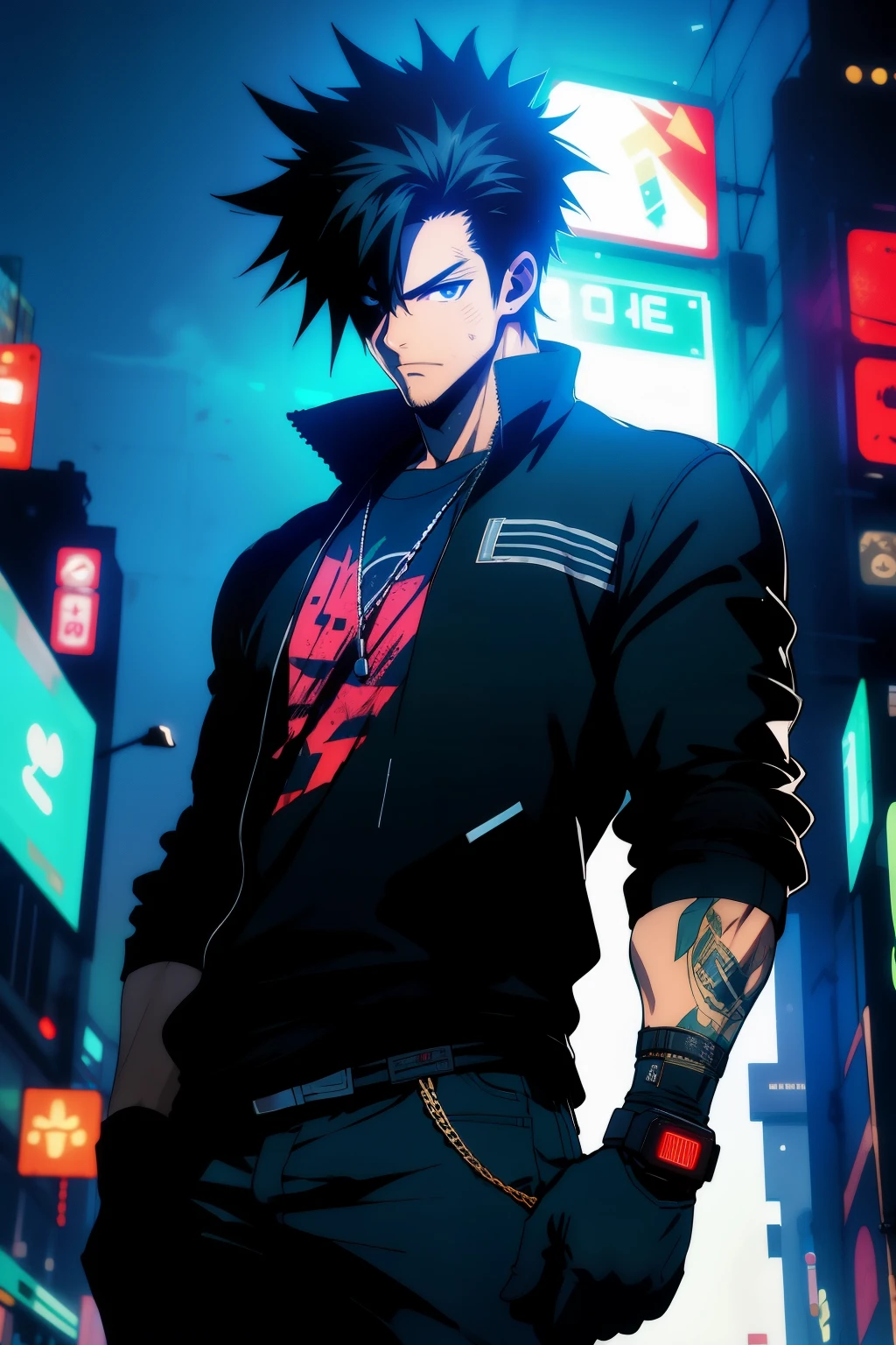 Man, spiked hair, straight hair in front, t shirt, hip hop style, gloves, cyberpunk  theme, cyberpunk, tall, standing Cabelo preto, masterpiece, anatomically correct, High details, fingerless gloves, eletronic forniture, Ultra detailed face