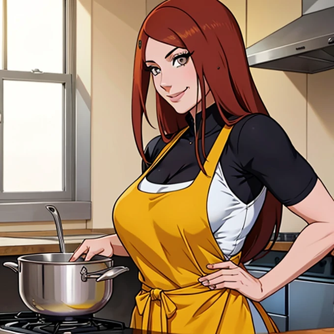 masterpiece， Best quality at the best， (1 girl)， Kushina Uzumaki， big mama，（cleavage)，（whole body)，sexy servant，smile，long brown hair, （pale light violet eyeballs:1.4)，The kitchen, busty figure, just a short apron,  she is looking at you intently waiting for your order,  controlled by you , mental domination 