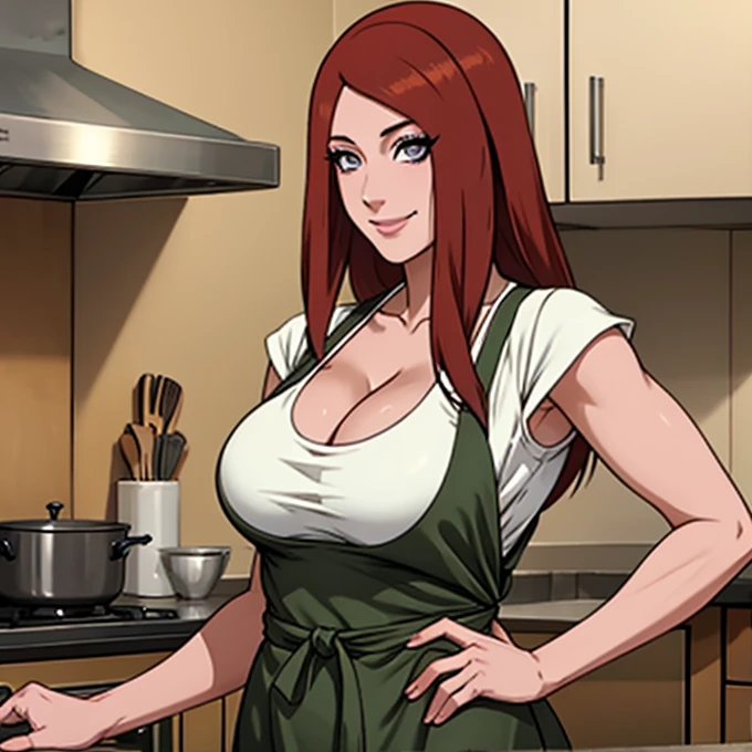 masterpiece， Best quality at the best， (1 girl)， Kushina Uzumaki， big mama，（cleavage)，（whole body)，sexy servant，smile，long brown hair, （pale light violet eyeballs:1.4)，The kitchen, busty figure, just a short apron,  she is looking at you intently waiting for your order,  controlled by you , mental domination 