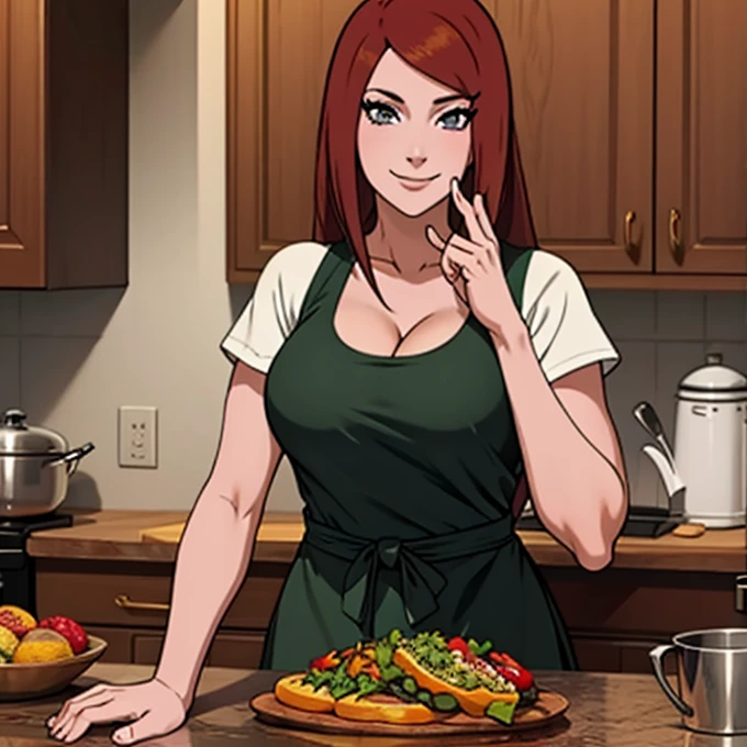 masterpiece， Best quality at the best， (1 girl)， Kushina Uzumaki， big mama，（cleavage)，（whole body)，sexy servant，smile，long brown hair, （pale light violet eyeballs:1.4)，The kitchen, busty figure, just a short apron,  she is looking at you intently waiting for your order,  controlled by you , mental domination 