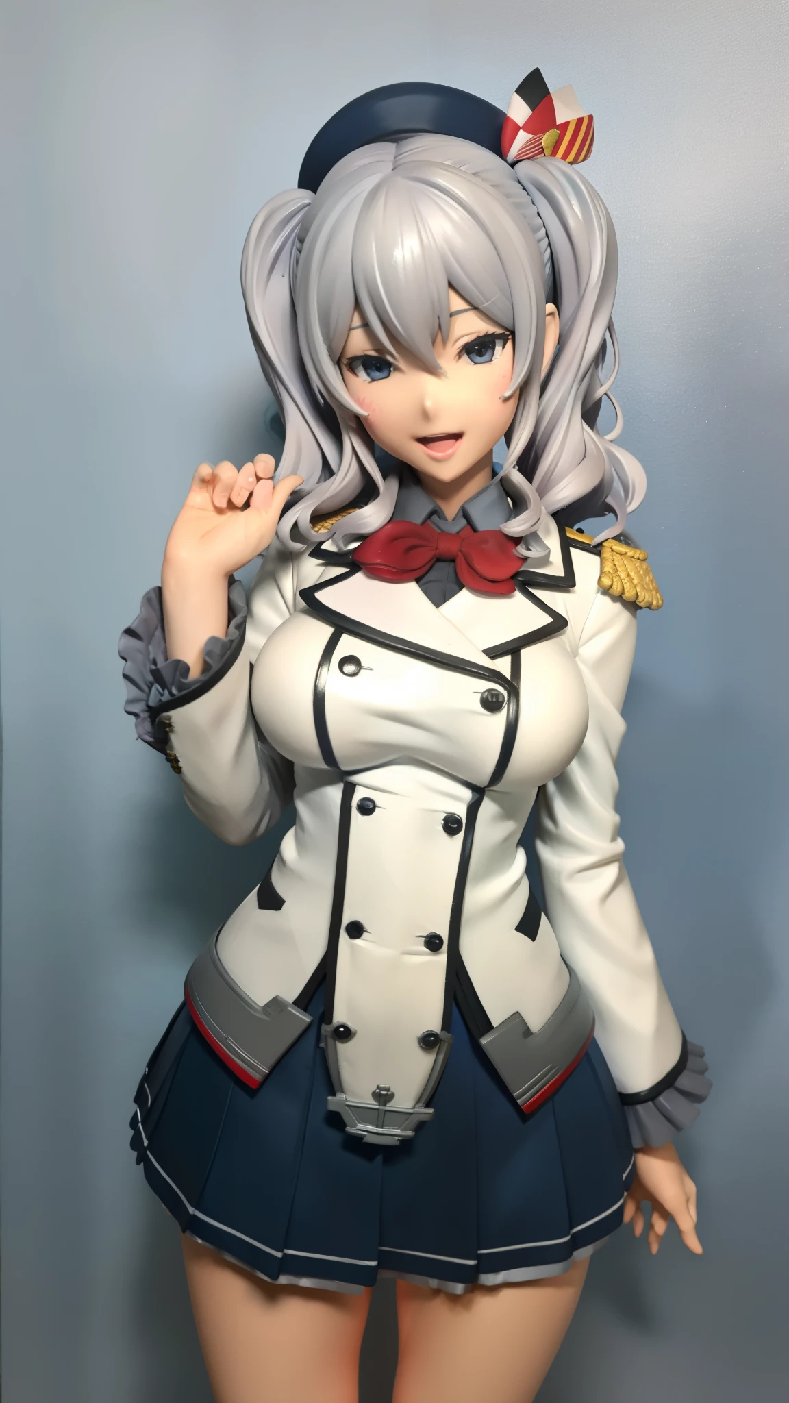 Open mouth, large breasts ,blue eyes,BTPT-FC,wide hips,smile,,wide hips,open mouth,wavy hair,solo,kashima,twintail,
silver hair,tsurime,kantai collection, smile,,wide hips, best quality,white jacket, military jacket, military uniform,gray skirt,pleated skirt,hat,standing,cowboy shot,room,neck ribbon,frilled sleeves,high brightness,cute 