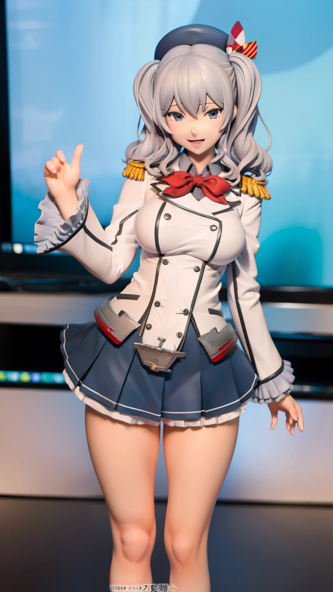 Open mouth, large breasts ,blue eyes,BTPT-FC,wide hips,smile,,wide hips,open mouth,wavy hair,solo,kashima,twintail,
silver hair,tsurime,kantai collection, smile,,wide hips, best quality,white jacket, military jacket, military uniform,gray skirt,pleated skirt,hat,standing,cowboy shot,room,neck ribbon,frilled sleeves,high brightness,cute 