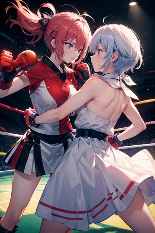 2 cutie fighters, blue versus red, pro wrestling match, slender, flat chest,
fierce battle to the death, exchange of deadly techniques,
physical combat, fierce battle, heat, sweat, droplets, endures,
overflowing fighting spirit and anger, scream, roar,
BREAK in public, outdoor special wrestling stage, in big city, large crowd, cheers,
venue is filled with excitement. audience goes wild, chaotic ring stage, venue is hot,
(dynamic effects, rage energy, dynamic hair), excitement effect, sparkling and bright ring stage,
at night, flashy brightly lights, starry sky, skyscrapers, night lights, highly detailed landscape,
(masterpiece), (best quality), (extremely detailed), (highly presence image),
crisp image, sharp image, clear image, vivid image, noiseless image,
detailed body, highly detailed background,