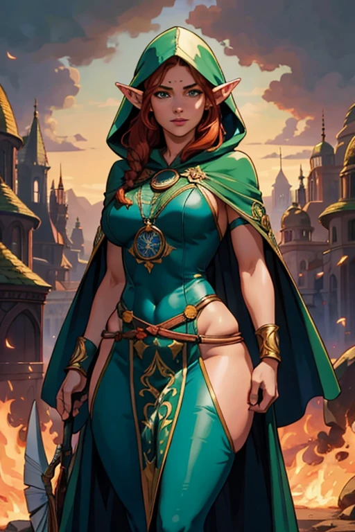 Medieval, RPG, mage, female (19 years old, 159 cm tall), short light red hair, large hat, brown eyes, long green dress, gloves, boots, cape, magic staff