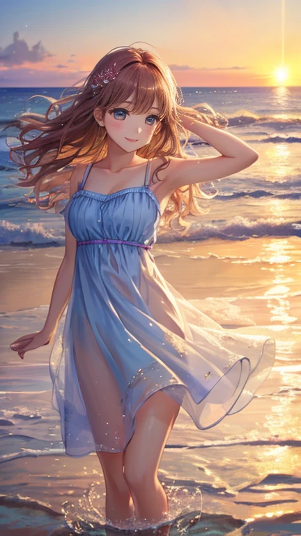 (Best Quality, 8k, High resolution, masterpiece:1.2),colorful,Soft Lighting,loose fitting dress, smile, Dancing, whole body, Water surface reflection,Graceful Movement,Endless Horizon, Quiet atmosphere,Calm waves,Blissful expression,Windblown Hair,Smooth and flawless skin,Shining Eyes,Fantastic setting,Aesthetic elegance,Along the beach, Sunset sky, 