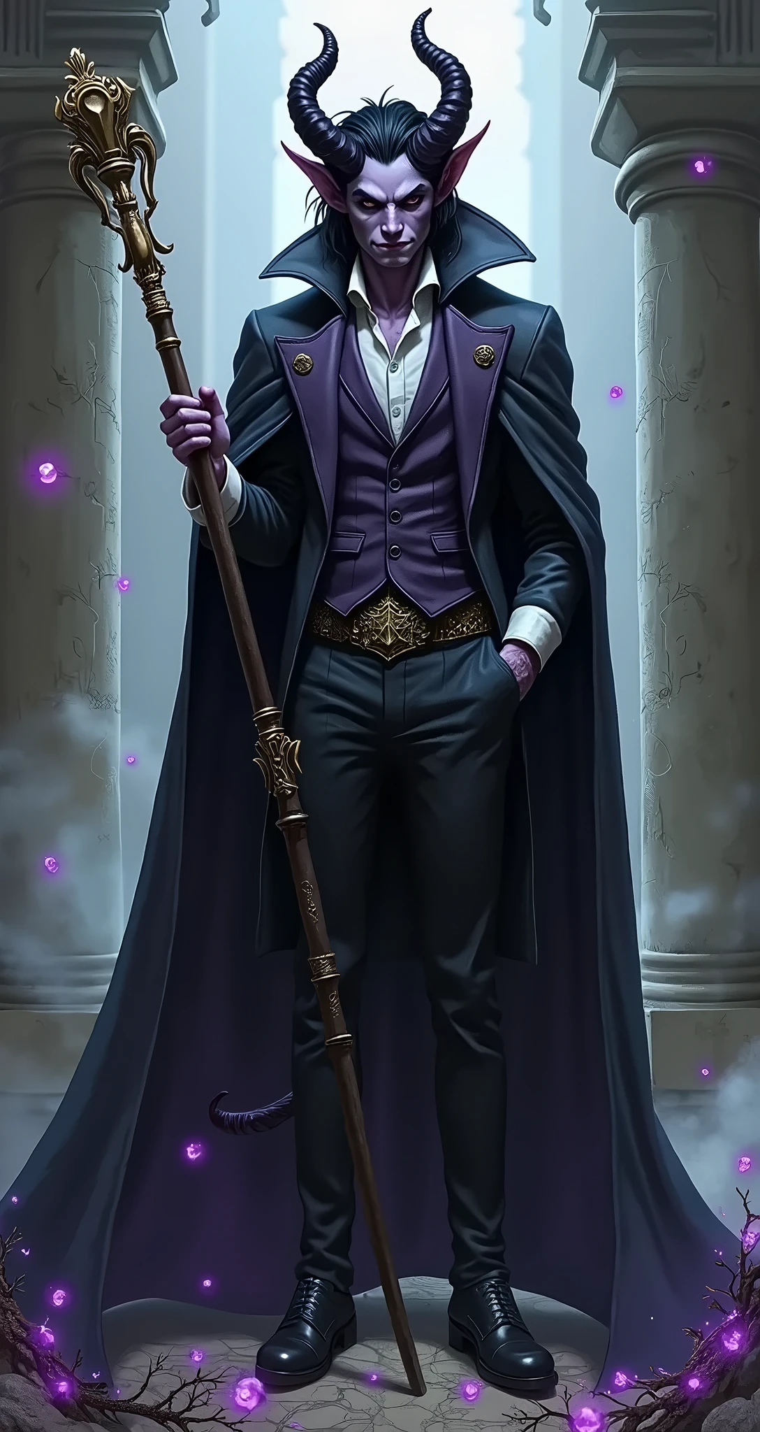 a man with purple skin like a demon with pastel purple skin, black hair, make him look like a wizard with a staff in a setting full of magic and mystery. A medieval role-playing character, D&D tiefling wizard, he must wear medieval clothes covering the body with a long cape, black dress shoes, dress vest, leather gloves. Medieval costume. His skin is pastel purple, purple like an avatar, horns and bushy tail like a demon, purple skin, elegant, formal clothes, small horns.