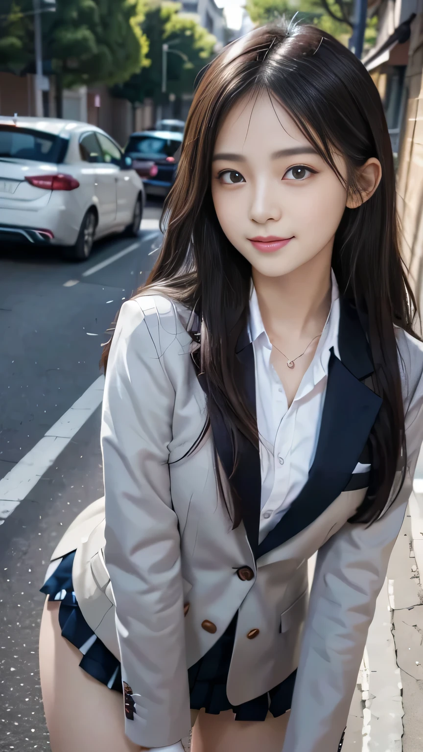 8K UHD、Digital SLR、FULL ANATOMY、(top-quality:1.3)、(​masterpiece:1.1)、hight resolution、Cinematic light、intricate detailes、(Photorealsitic)、outside、Beautiful outside、Sunny、Best Real、japanes、One Girl、sixteen years old、 鎖骨（A-cup）、(cafes:1.5)、Short straight hair、Light brown、Look at viewers、detailed trees、Gray blazer、I'm not wearing a shirt、pencil skirts、head rest、inside the house、 piercings、Dark blue high socks、lowfers、(a smile)、(full bodyesbian:1.6)、A slender、