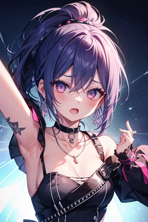 (((highest quality))), illustration, 8k, depth of field, 1, cute, pink loving eyes, shoulder-length gradient black hair, little devil, extreme light and shadow, close-up, medium range shot, lacy underwear