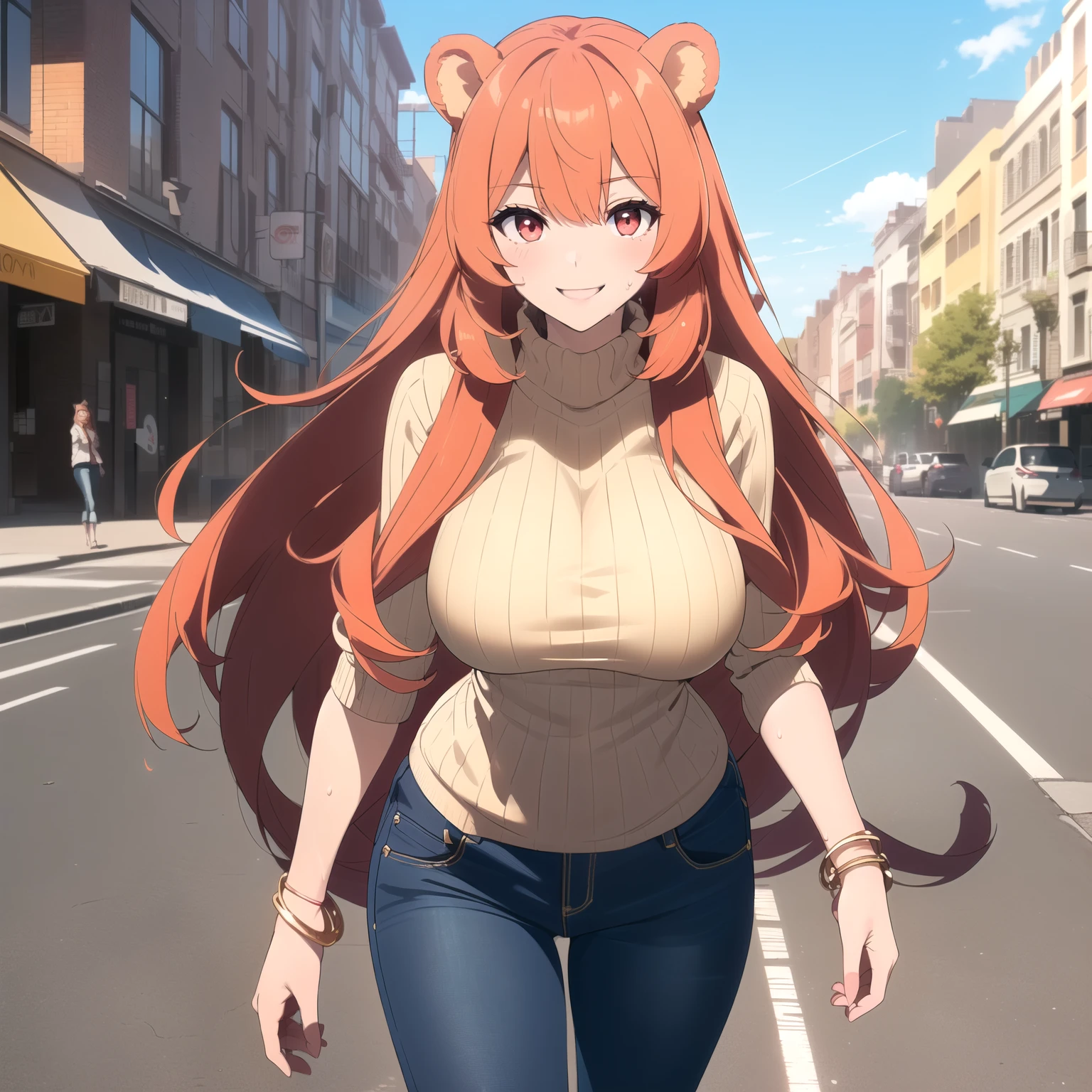 ((masterpiece)) ((The best quality)) ((ultra detailed)) ((1 woman)) ((raphtalia)) ((sweater)) ((fitted jeans)) ((Long orange hair)) ((long silky hair)) ((bear ears))((red eyes like rubies)) ((sweaty body)) ((Attractive eyes)) ((Slim body)) ((high resolution shadows)) ((attractive colors)) ((blue sky)) ((gold bracelets)) , light shadows.((bear ears)) ((raphtalia)) ((very big breasts))(( happy smile)) 1 woman only, lonely girl.(( background streets of a modern city))