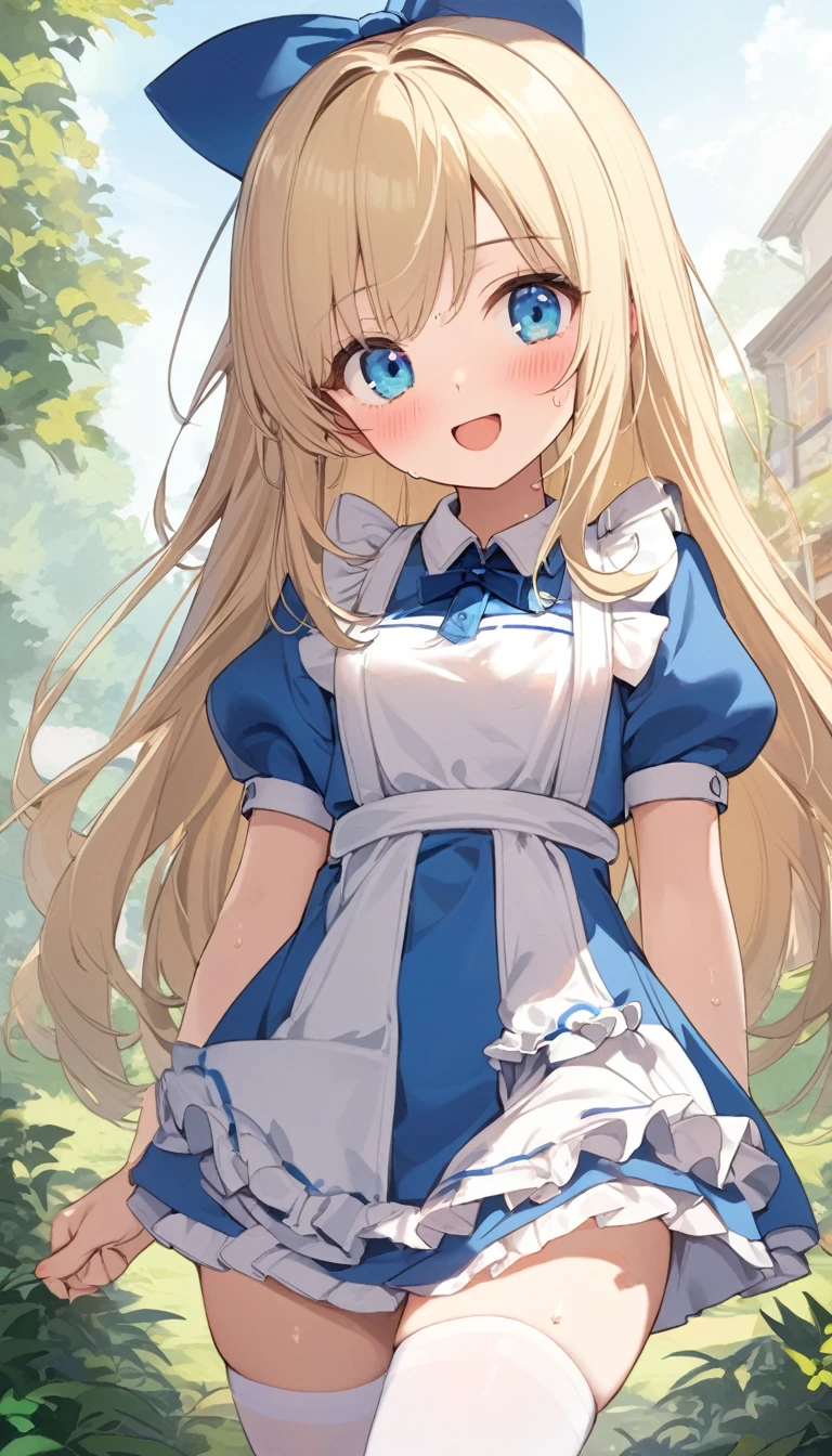 1girl, alice, solo, blue eyes, blonde hair, blue hairbow, long hair, puffy short sleeves, white apron, blue dress, white thighhighs, small breasts, sweat, blush, open mouth, smile, standing, from front, looking ahead, (gleaming skin), extremely detailed outdoor background, 1, 