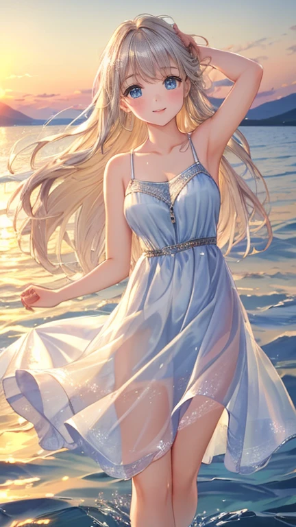 (Best Quality, 8k, High resolution, masterpiece:1.2),Beautiful and cute girl, blue eyes, Silver blonde medium hair, Soft Lighting,Colorful loose dresses, smile, Dancing, whole body, Water surface reflection,Graceful Movement,Endless Horizon, Quiet atmosphere,Calm waves,Blissful expression,Windblown Hair,Smooth and flawless skin,Shining Eyes,Fantastic setting,Aesthetic elegance,Along the beach, Sunset sky, 