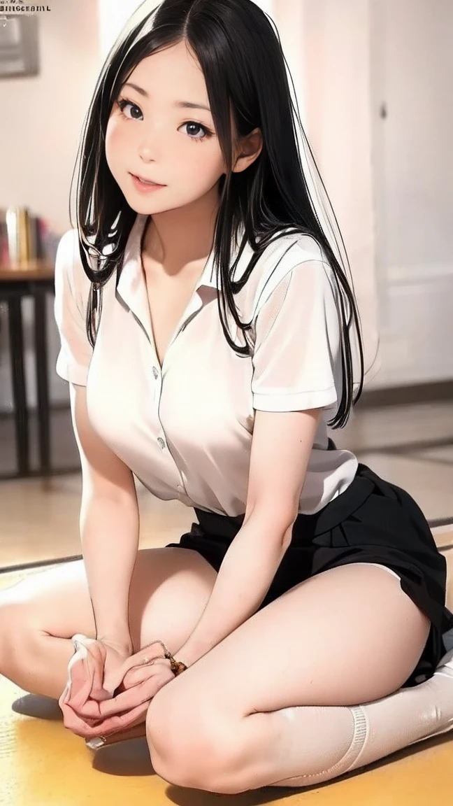 Nipples visible from white shirt, wet shirt, no panties, full body figure, black hair long straight, high school student, uniform, sexy, bra, Japan person, 17 years old,