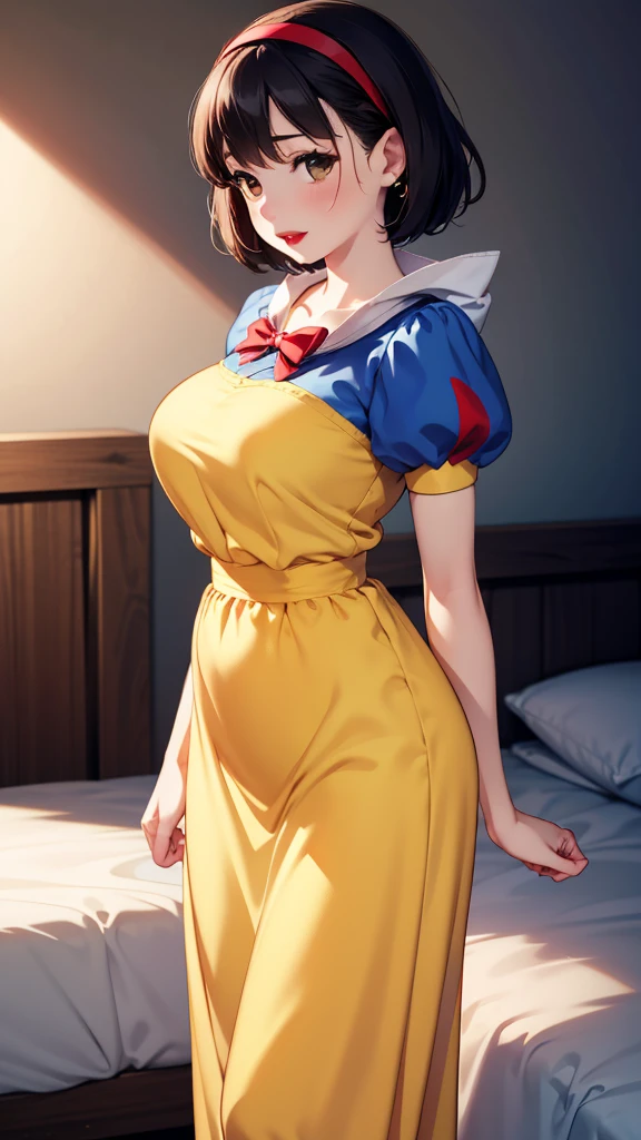 Anatomically correct, natural lighting, 8K, masterpiece, highly detailed, illustration, game CG, absurdres, high quality,

1girl, aichan, large breasts, Medium butt, beautiful detailed eyes, 
BREAK, 

solo, SnowWhite, short hair, black hair, smooth hair, bow, brown eyes, lipstick, red lipstick, pale skin, yellow dress skirt, long skirt, blue bodice, short sleeves, hair bow, hairband, puffy sleeves, puffy short sleeves,

