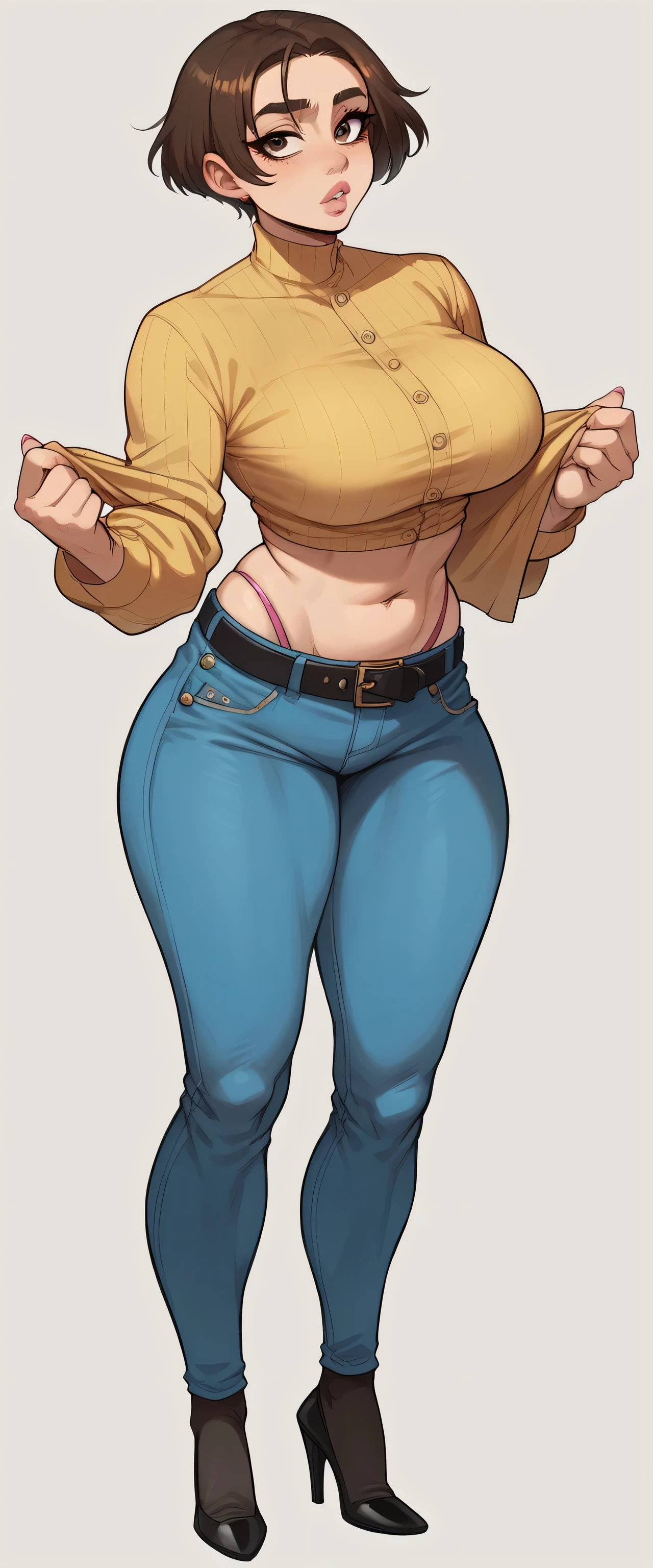 A tall beautiful woman with big breasts, attractive sensual sexy pretty brown hair, short disheveled cut, her brown eyes, pink glitter lips, wears a yellow button-down shirt, short long sleeves, showing her belly button and metallic blue pants, black belt, black heels