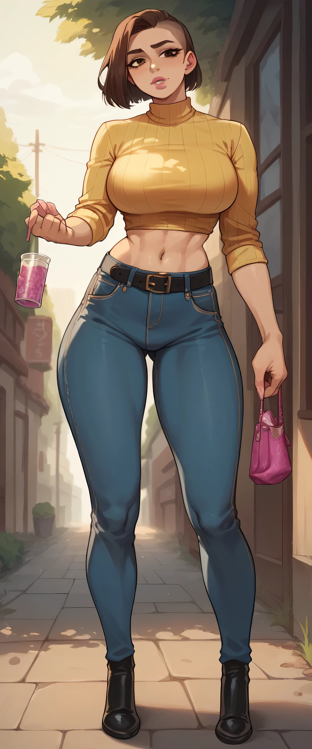 A tall beautiful woman with big breasts, attractive sensual sexy pretty brown hair, short disheveled cut, her brown eyes, pink glitter lips, wears a yellow button-down shirt, short long sleeves, showing her belly button and metallic blue pants, black belt, black heels