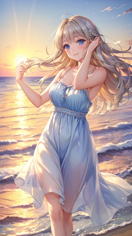 (Best Quality, 8k, High resolution, masterpiece:1.2),Beautiful and cute girl, blue eyes, Silver blonde medium hair, Soft Lighting,Colorful loose dresses, smile, Dancing, whole body, Water surface reflection,Graceful Movement,Endless Horizon, Quiet atmosphere,Calm waves,Blissful expression,Windblown Hair,Smooth and flawless skin,Shining Eyes,Fantastic setting,Aesthetic elegance,Along the beach, Sunset sky, 