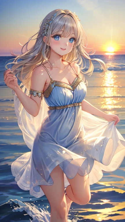 (Best Quality, 8k, High resolution, masterpiece:1.2),Beautiful and cute girl, blue eyes, Silver blonde medium hair, Soft Lighting,Colorful loose dresses, smile, Dancing, whole body, Water surface reflection,Graceful Movement,Endless Horizon, Quiet atmosphere,Calm waves,Blissful expression,Windblown Hair,Smooth and flawless skin,Shining Eyes,Fantastic setting,Aesthetic elegance,Along the beach, Sunset sky, 