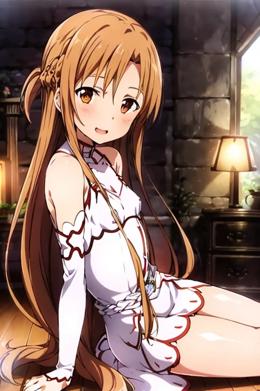 ((Best Quality)), ((masterpiece)), (be familiar with), Perfect Face, indoor, bedroom, Watching the audience,
One woman, Yuuki Asuna,
Open Mouth, Ecstatic expression, blush, smile,
Small breasts, Flat Chest, , , , Girl,
Long Hair, Long Hair,
Leg spread,