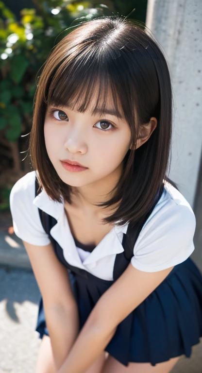 (masterpiece:1.2, Best Quality), (Realistic, photoRealistic:1.4), Beautiful illustrations, (Natural Side Lighting, Cinema Lighting), Written boundary depth, Looking at the audience, Front View, 1 person, Asian, Age 15, ((Bob Hair)), Perfect Face, Symmetrical cute face, Glowing Skin, Asymmetrical bangs, Big Eyes, Droopy eyess, Long eyelashes, thin, Beautiful Hair, Beautiful Face, Beautiful and beautiful eyes, Beautiful clavicle, Beautiful body, Beautiful breasts, Beautiful thighs, Beautiful legs, Beautiful fingers, ((Student Uniform )), (Beautiful views), evening, Droopy eyes, 