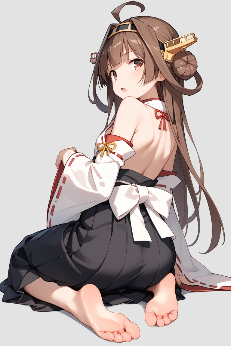 score_9,score_8_up,score_7_up,source anime,masterpiece,best quality,ultra detailed eyes BREAK
1girl, solo, kongou (kancolle), brown hair, long hair, barefoot, soles, ahoge, looking back, skirt, nontraditional miko, detached sleeves, feet, grey background, looking at viewer, headgear, hair bun, from behind, simple background, toes, brown eyes, japanese clothes, ass, full body, double bun, ribbon-trimmed sleeves, hairband, bare shoulders, ribbon trim, kneeling, black skirt, open mouth