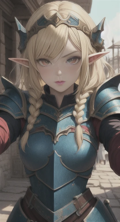 Ancient elf, paladin, lady Hylexia, blonde, red eyes, paladin braids, looking at viewer, incoming hug, kiss, long messy hair, ancient kingdom, ancient paladin armor,