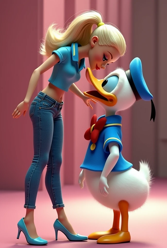 (masterpiece, 8K, UHD, RAW), A sexy blonde girl kissing a evil Donald Duck in bed, (((a beautiful young woman riding on top of one huge horrific Donald Duck))), (she rides the male Donald Duck with lustful femininity), her beautiful body is covered by a sheer translucent white lace bra with Art Nouveau embroidery, big sexy perky breasts, her pristine delicate features contrasts with the horrendous menacing fangs of the corrupted male Donald Duck, full body vibrant illustrations, intricately sculpted, realistic hyper-detailed portraits, queencore, depicts real life, the scene happens in a luxurious Art Nouveau boudoir with studio illumination, red and teal silk satin
