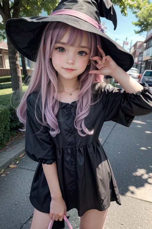 An adorable little witch with pastel colors posing