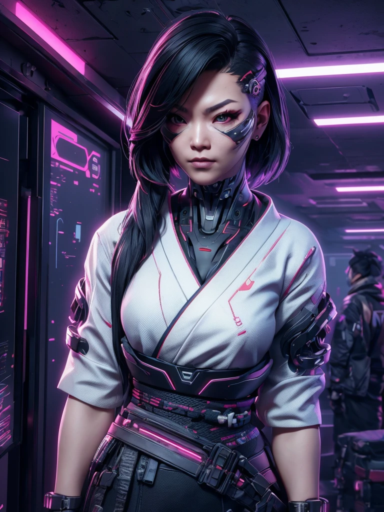 A female, detailed portrait of a cyberpunk Samurai with cyberpunk mask, full body, exquisite and slim fitting Cyber style clothing, Cartoon characters, Europe and America style, facial tattoo, a sharp gaze, full view, exquisite facial details, best quality, masterpiece, illustration, zbrush, octane rendering, ray tracing, masterpiece painting, depth of field, super detailed --s 750 --niji 5