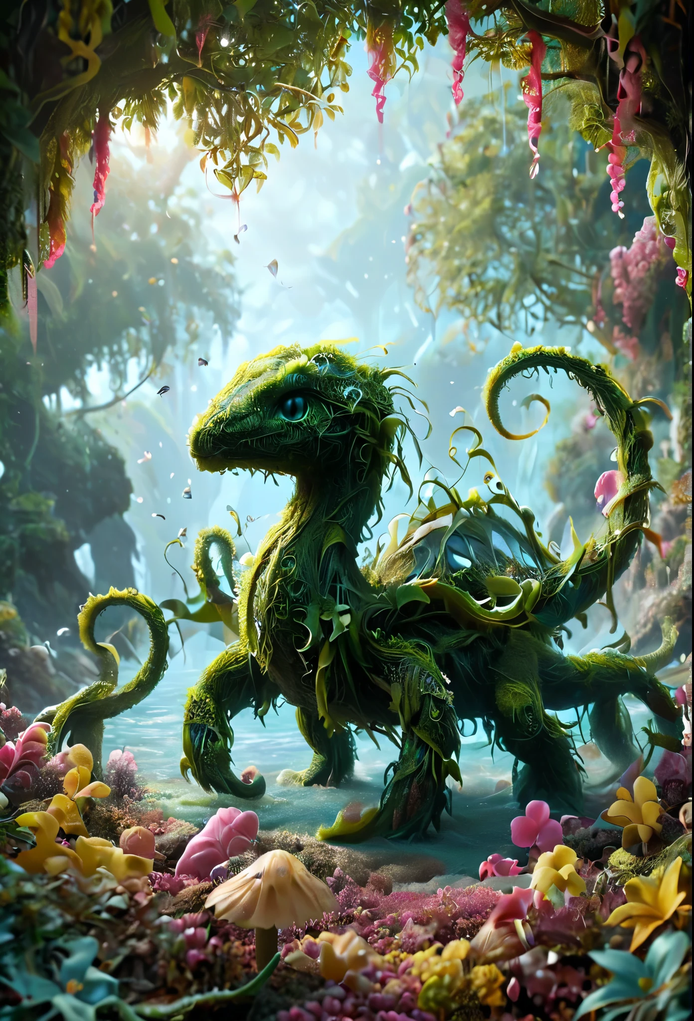 illustrious, Darling, kraken hatchling, dancing on leaves and flower petals made of g1h3r, grsw and covered in fractal vines, intricate details, colorful, magical, realism, hyperrealistic, fractalvines, 