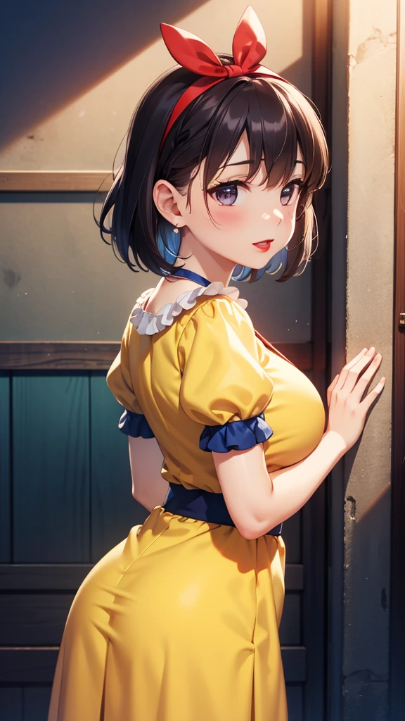 Anatomically correct, natural lighting, 8K, masterpiece, highly detailed, illustration, game CG, absurdres, high quality,

1girl, aichan, large breasts, Medium butt, beautiful detailed eyes, 
BREAK, 

solo, SnowWhite, short hair, black hair, smooth hair, bow, brown eyes, lipstick, red lipstick, pale skin, yellow dress skirt, long skirt, blue bodice, short sleeves, hair bow, hairband, puffy sleeves, puffy short sleeves,

