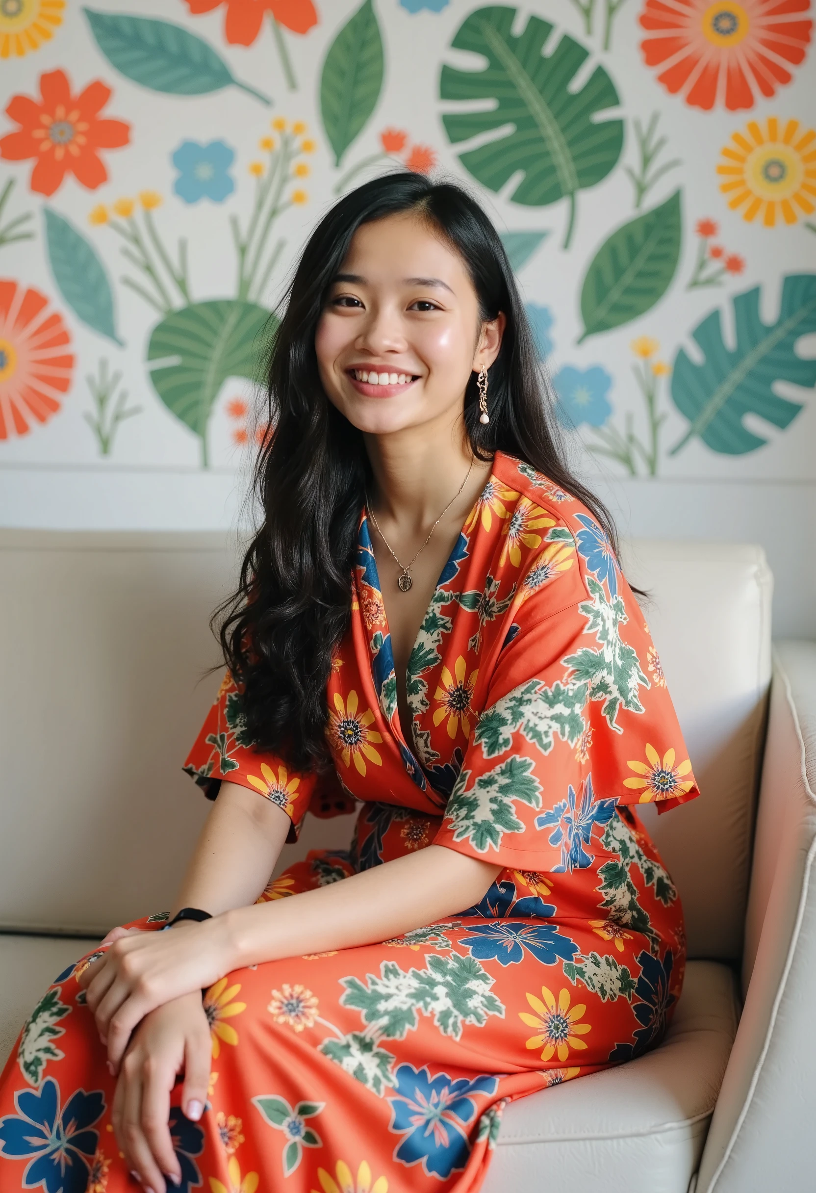 A cheerful Filipino woman sits comfortably on a plush sofa, wearing a vibrant baro't saya. Behind her is a lively mural of tropical flowers, adding a splash of color to the scene. better_sit.