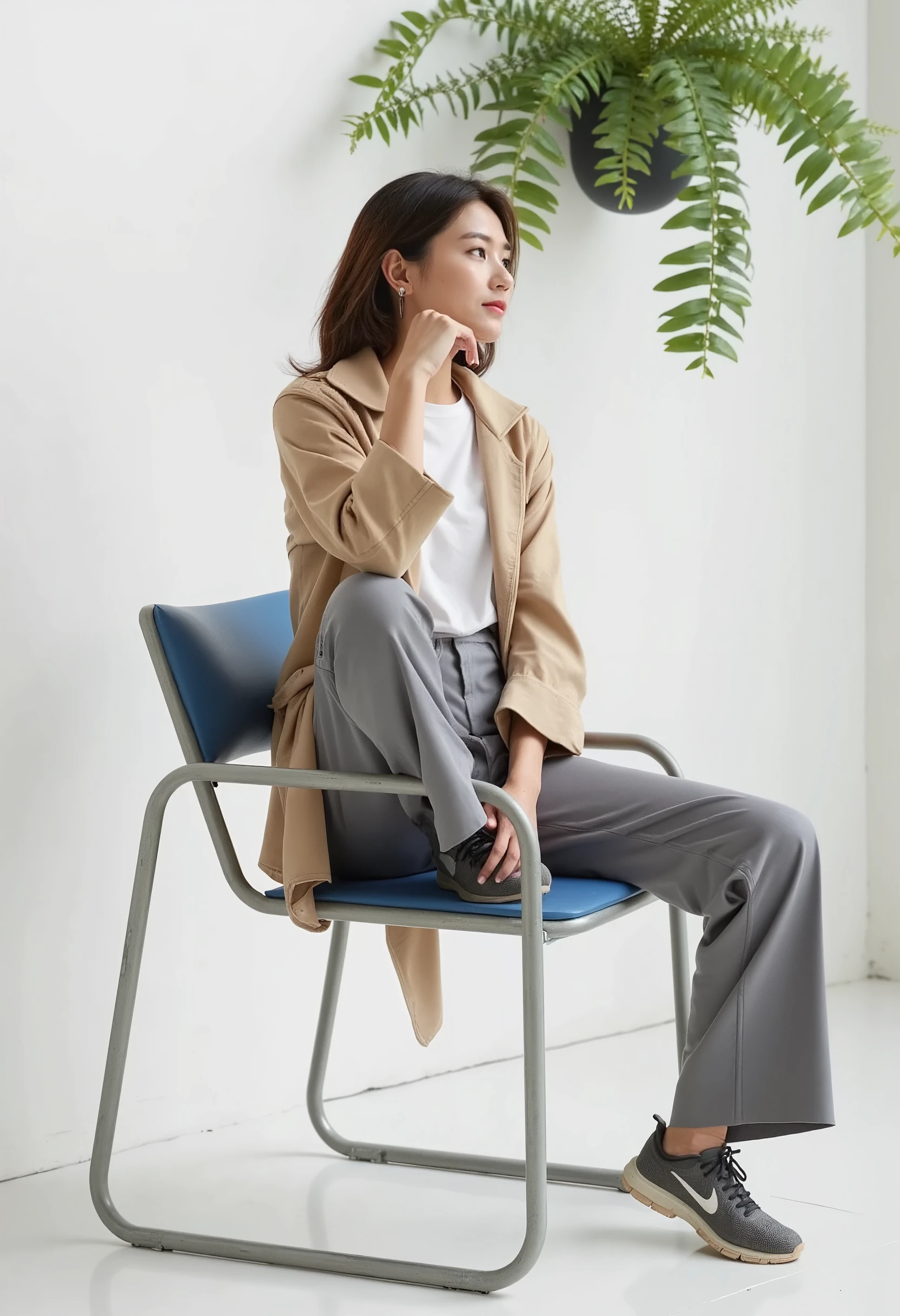 A graceful Vietnamese woman perches on a sleek modern chair, her hand resting on her chin as she gazes thoughtfully into the distance. The background features a minimalist white wall with green plants. better_sit.