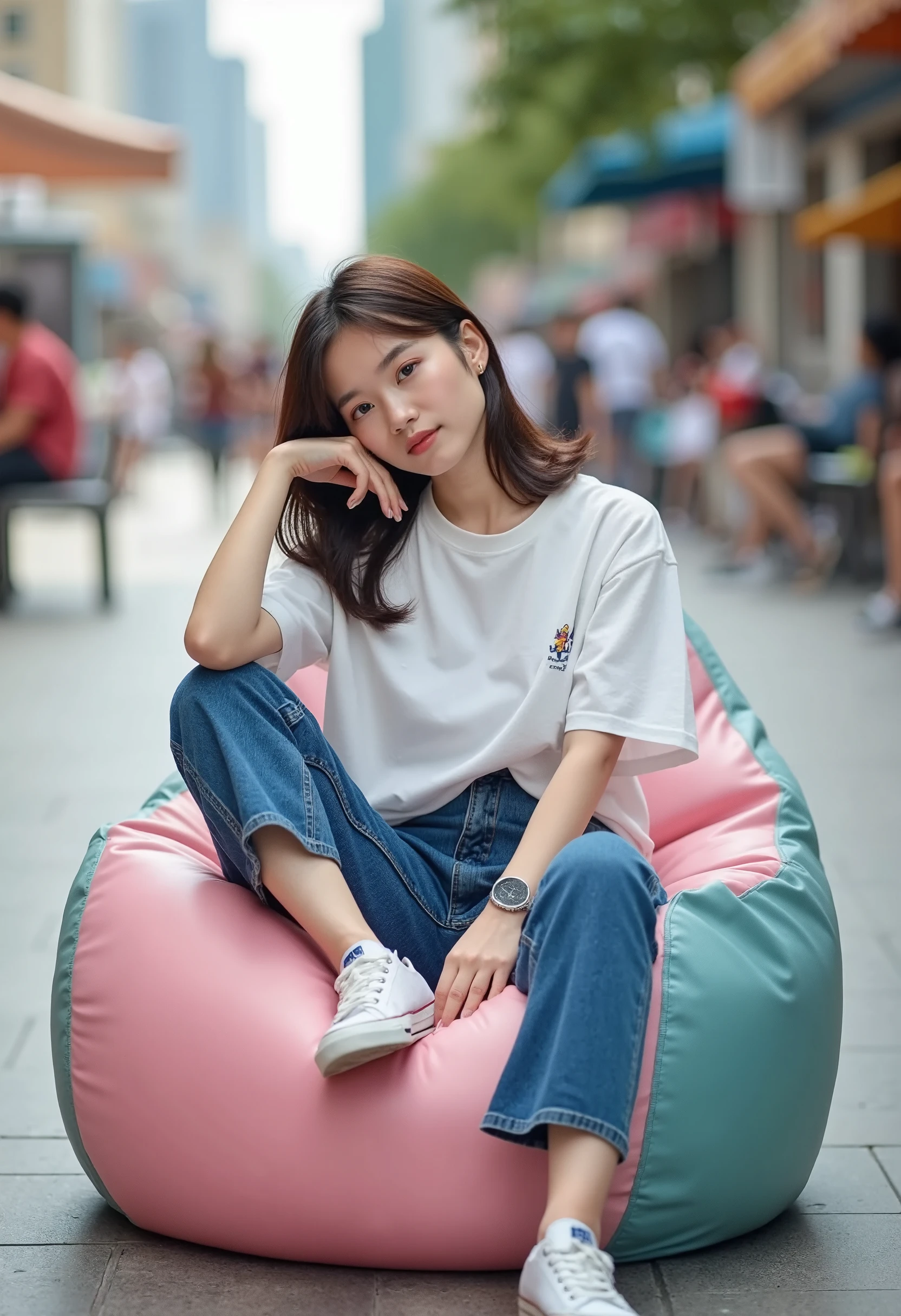 A trendy Singaporean woman relaxes on a chic bean bag, sporting a casual t-shirt and jeans. Behind her is a lively urban street scene, bustling with activity. better_sit.