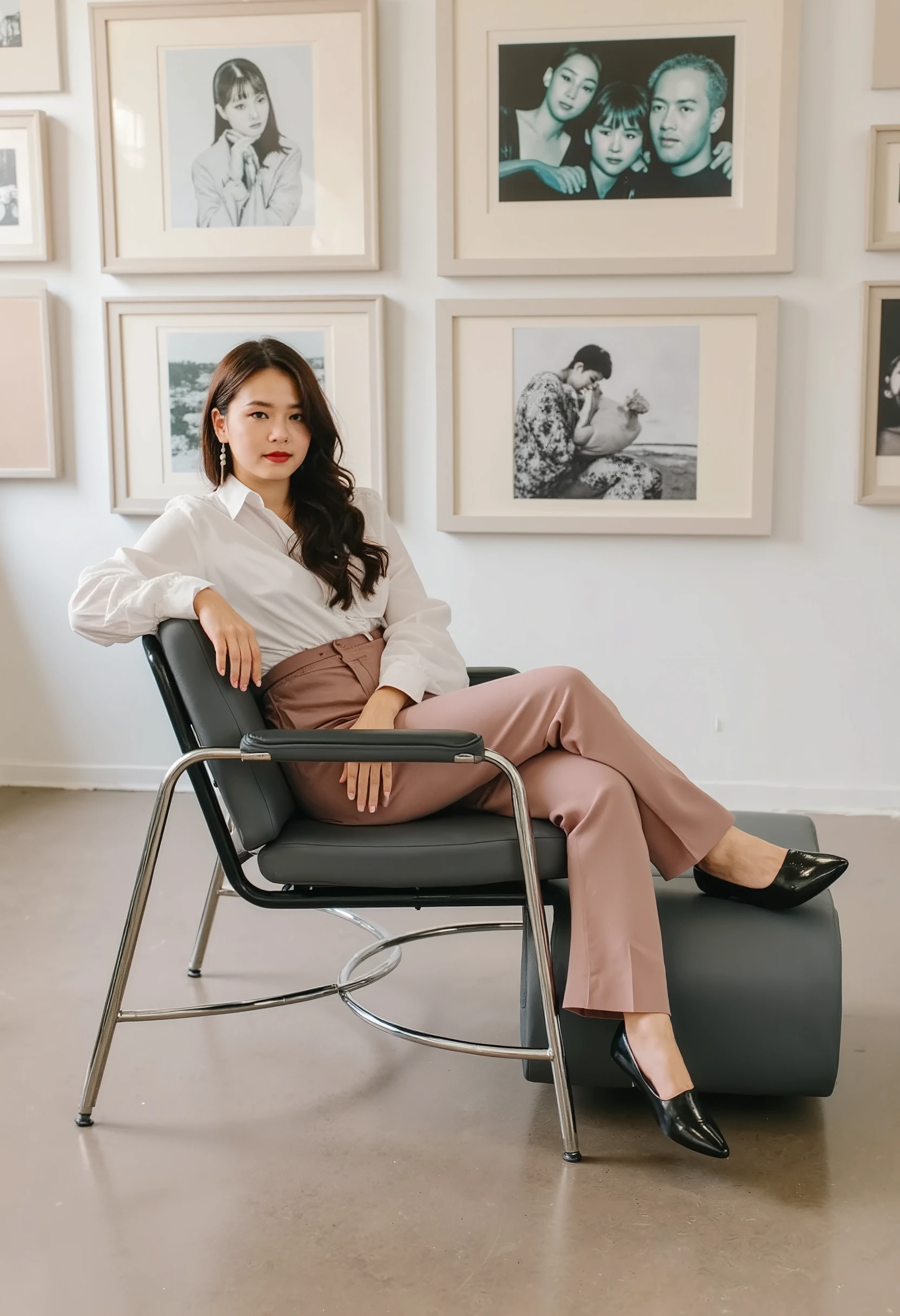 A stylish Cambodian woman relaxes on a sleek modern sofa, adorned in a chic sampot. The backdrop features a contemporary art gallery, filled with striking artwork. better_sit.